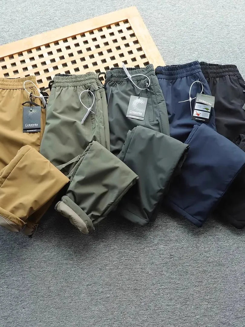 Men's Winter Outdoor Thickened Fleece Lined Windproof Water Resistant Double Layer Cotton Pants Straight Leg Casual Trousers