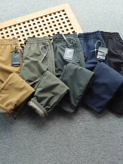 Men's Winter Outdoor Thickened Fleece Lined Windproof Water Resistant Double Layer Cotton Pants Straight Leg Casual Trousers
