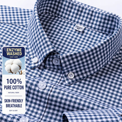 Men Cotton Oxford Shirt Long Sleeve Button Down Casual Business Shirt Pre-Shrunk Enzyme Washed Breathable Wrinkle Resistant