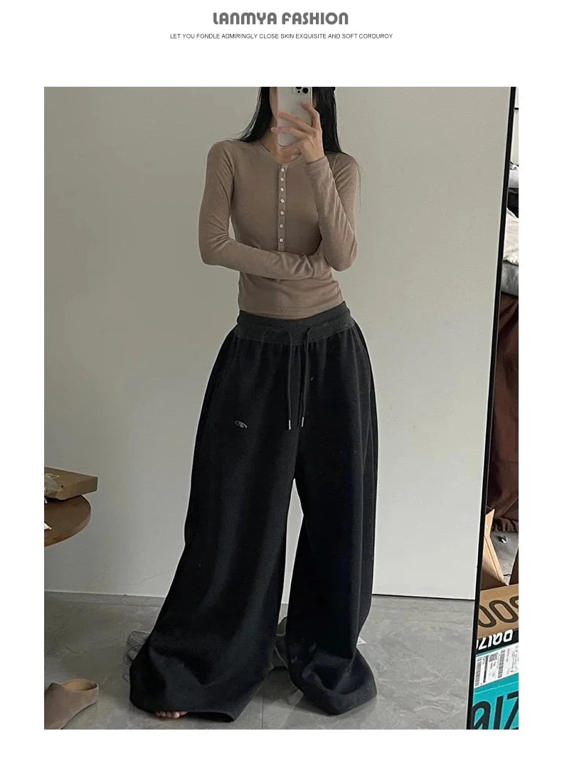 American Style Lazy Girl Sports Pants Women High Waist Loose Slimming Casual Wide Leg Pants Fall New Arrival Small Size