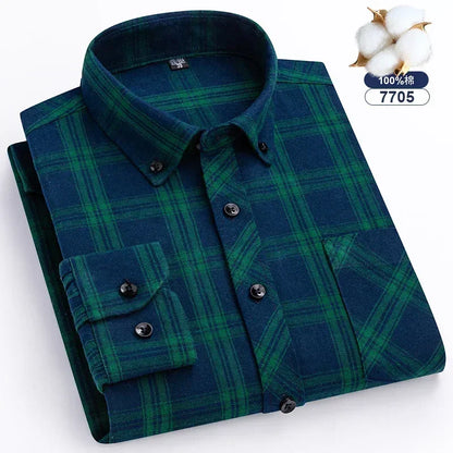 Autumn Winter Plaid Shirts Thick Flannel Shirt Standard-Fit for Men Long Sleeve Pure Cotton  Patch Pocket Design Young