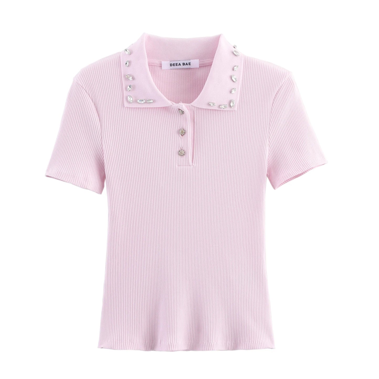 Retro American Diamond Embedded Short Sleeve Knitted T-shirt Women's Sweet Anti-aging Top Jewelry Collar Turn-down Collar