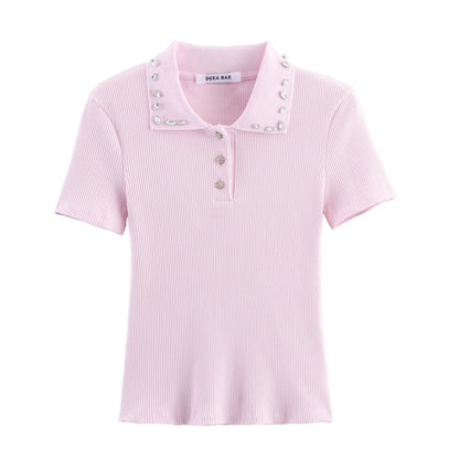 Retro American Diamond Embedded Short Sleeve Knitted T-shirt Women's Sweet Anti-aging Top Jewelry Collar Turn-down Collar