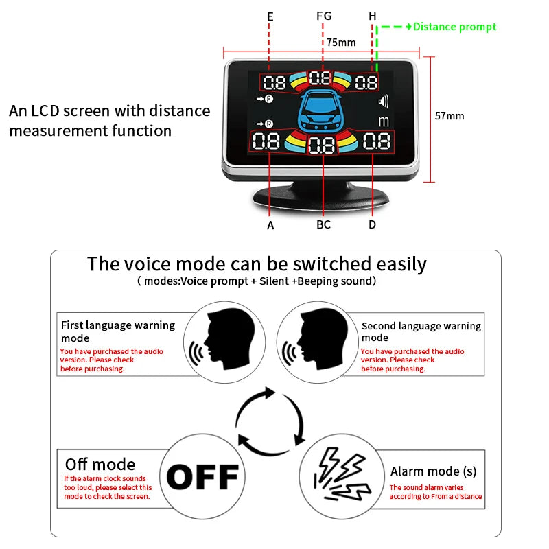 16.5mm 8 Parking Sensor LCD Display Voice Prompt Multi-Language 0.3-2.5M Detect Waterproof Car Reversing Radar