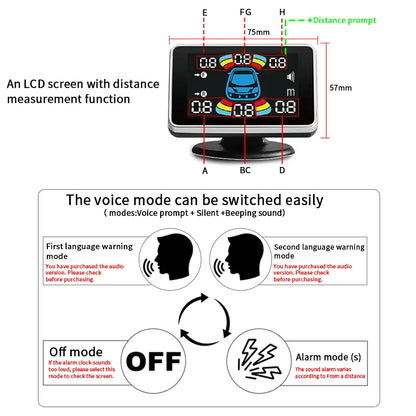 16.5mm 8 Parking Sensor LCD Display Voice Prompt Multi-Language 0.3-2.5M Detect Waterproof Car Reversing Radar