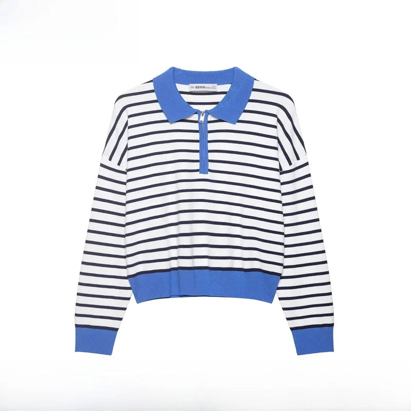 Spring Summer New Women's Knitted Stripe  Shirt Versatile ZR Style Fashion Classic Business Casual Long Sleeve Polyester