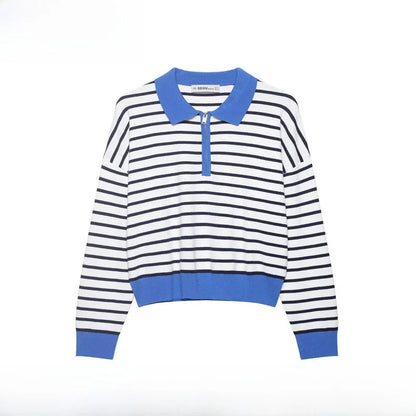 Spring Summer New Women's Knitted Stripe  Shirt Versatile ZR Style Fashion Classic Business Casual Long Sleeve Polyester