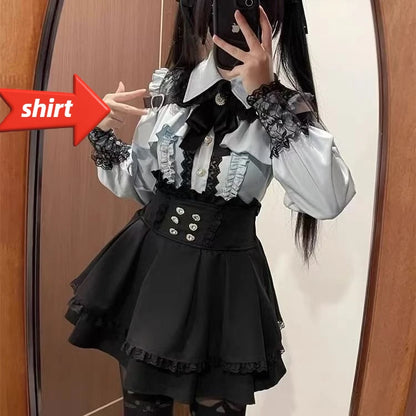 Jirai Kei Lolita Blouse Kawaii Top Women Cute Japanese Style Shirt with Bow Y2K Elegant Long Sleeve Sweet Casual Aesthetic Tops