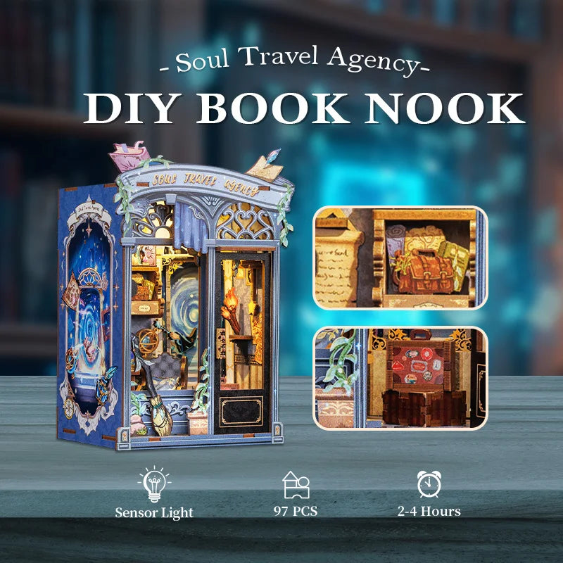 CUTEBEE Book Nook Kit Miniature House Kit Wooden Dollhouse with Led Light Bookshelf Insert Soul Travel Agency for Home Decor