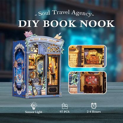 CUTEBEE Book Nook Kit Miniature House Kit Wooden Dollhouse with Led Light Bookshelf Insert Soul Travel Agency for Home Decor