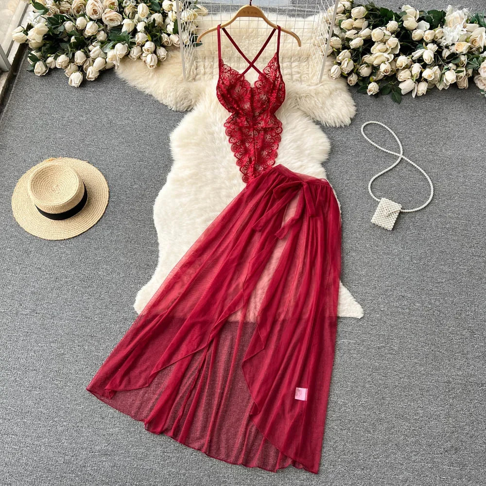 Sexy Lace Strap Jumpsuit Slim Fit Transparent Women's Pajamas Halter Playsuit Erotic Lingerie Catsuit Backless Hollowed Bodysuit