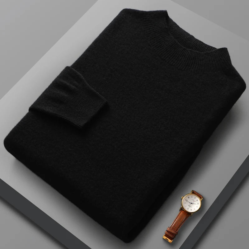 100% Merino Wool Sweater Men's Half high collar Knitted Hoodie Spring Autumn New Cashmere Sweater Versatile  Menswear