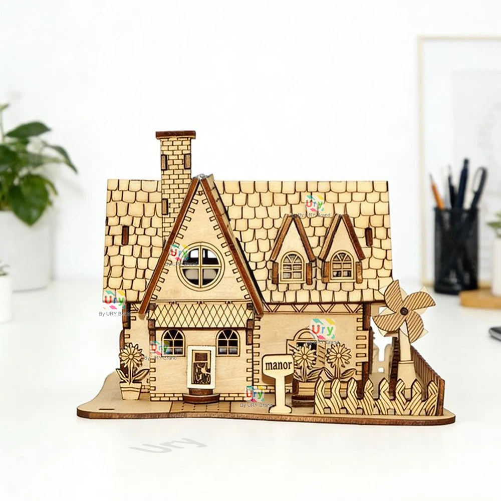 Ury 3D Wooden Puzzle Rural Cabin City Two-story Villa Handmade Assembly House Model DIY Toy Decoration Christmas Gift