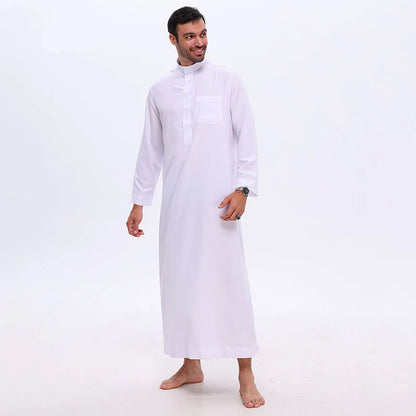 Islamic Men's Clothing White Long Sleeve Loose Muslim Long Robe Man Abaya Arab Kaftan Button Stand Collar Thobe Jubba