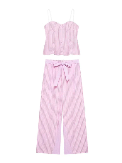 HH Women Striped Pants Suit Lapel Pocket Single-breasted Blouse+Side Zipper Lace Short Top+High Waist With Belt Poplin Pant