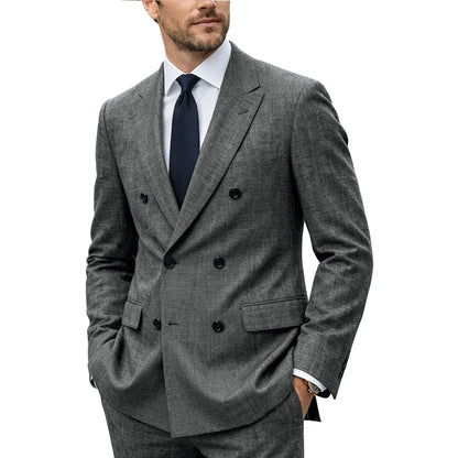 Men's Linen Suit Set  Double Breasted Slim Fit Peak Lapel Formal Blazer Pants Breathable Business Wedding Groom Tuxedo