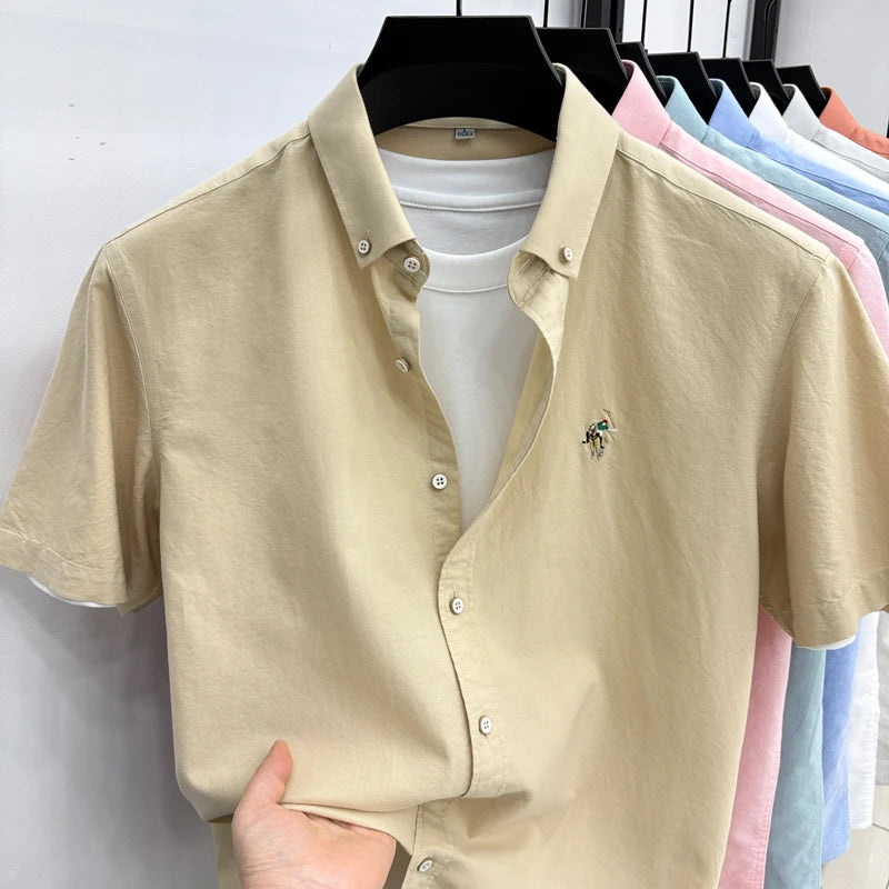 100% Pure Cotton Men's Short Sleeved 2026 New Brand Embroidered Trendy Shirt for Men's Casual Summer Wear