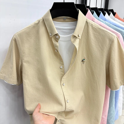 100% Pure Cotton Men's Short Sleeved 2026 New Brand Embroidered Trendy Shirt for Men's Casual Summer Wear