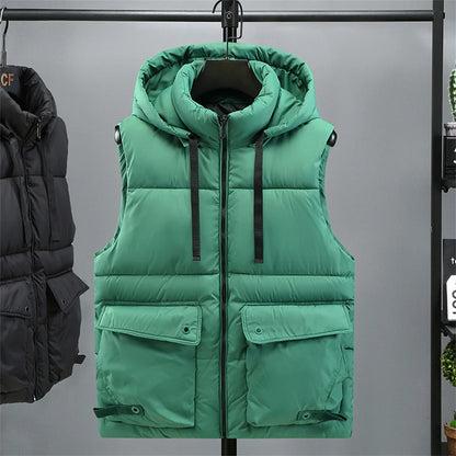 Men's Hooded Vest Winter Zipper Warm Stand Collar Waistcoat Men Cotton Padded Sleeveless Jackets with Big Pockets 2025