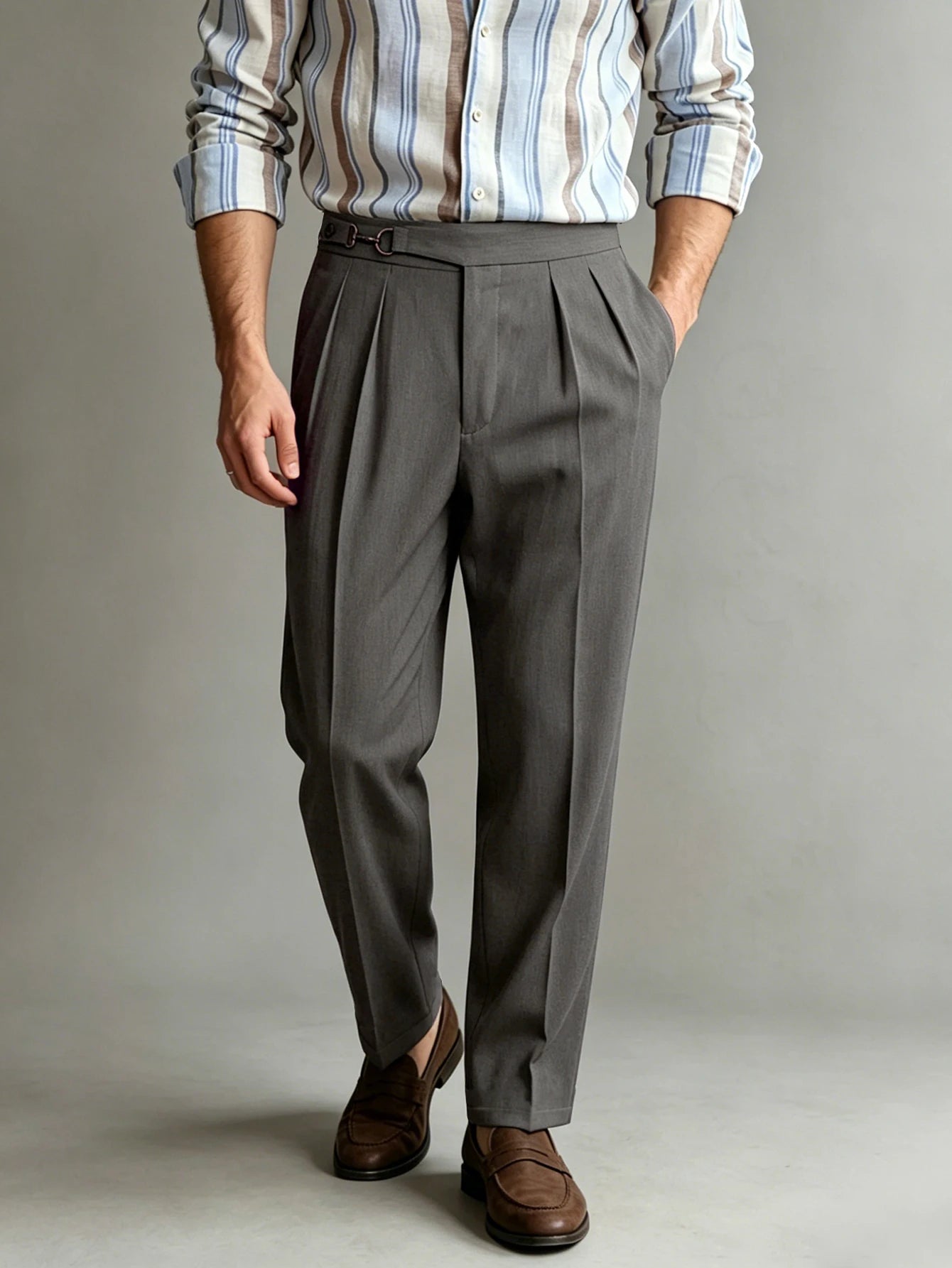2026 Spring Summer Italian Naples Elegant High Waist Suit Pants Men Solid Woven Loose Straight Leg Commuter Trousers