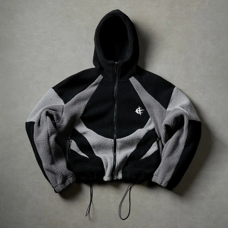 American Style Patchwork Polar Fleece Hooded Jacket Men Autumn Winter Warm Oversized Coat High Street Hip Hop Streetwear Man