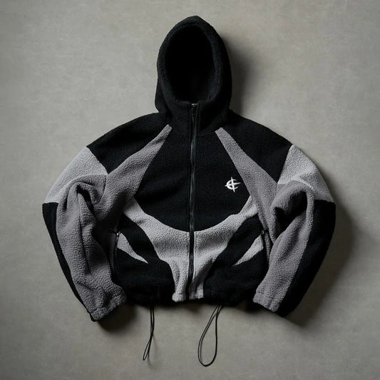 American Style Patchwork Polar Fleece Hooded Jacket Men Autumn Winter Warm Oversized Coat High Street Hip Hop Streetwear Man