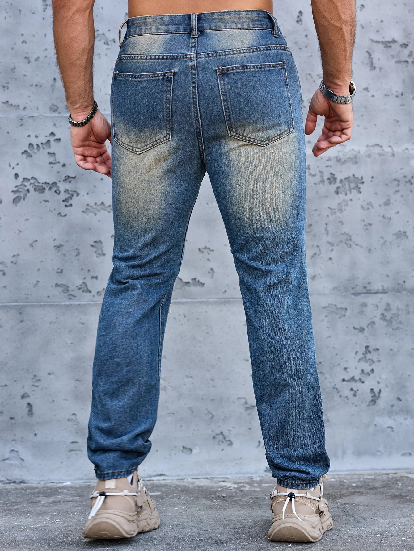 Men Denim Jeans Pants Clothing Trousers Men's Vintage Washed Ripped Straight Leg Denim Jeans