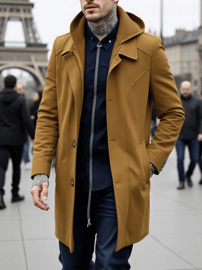 Men's Autumn/Winter Thickened Zip-Front Trench Coat Warm & Fashionable Simple Business Style for Commuting and Daily Wear