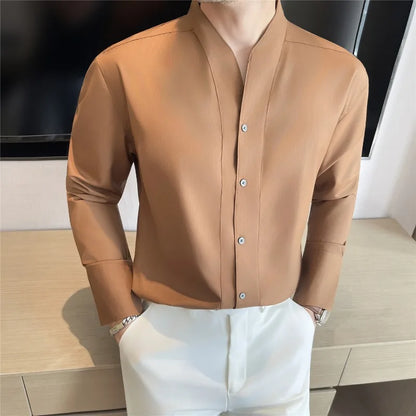 Men V-neck Shirt British Style Anti-wrinkle Soft Solid Casual Elastic Slim Fit Top Long Sleeved Dress Shirt Fashion Men Clothing
