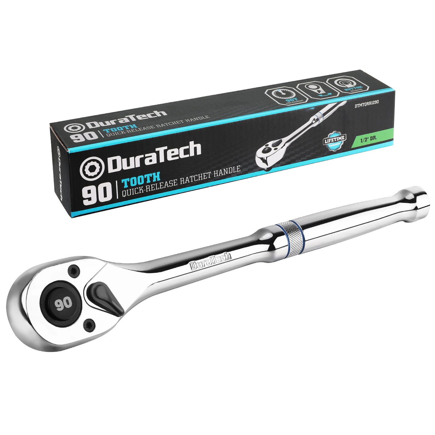 DURATECH 1/2"Dr. 90-Tooth Quick-release Ratchet Handle Reversible Drive Ratchet Wrench Full Polished Home DIY Hand Tools