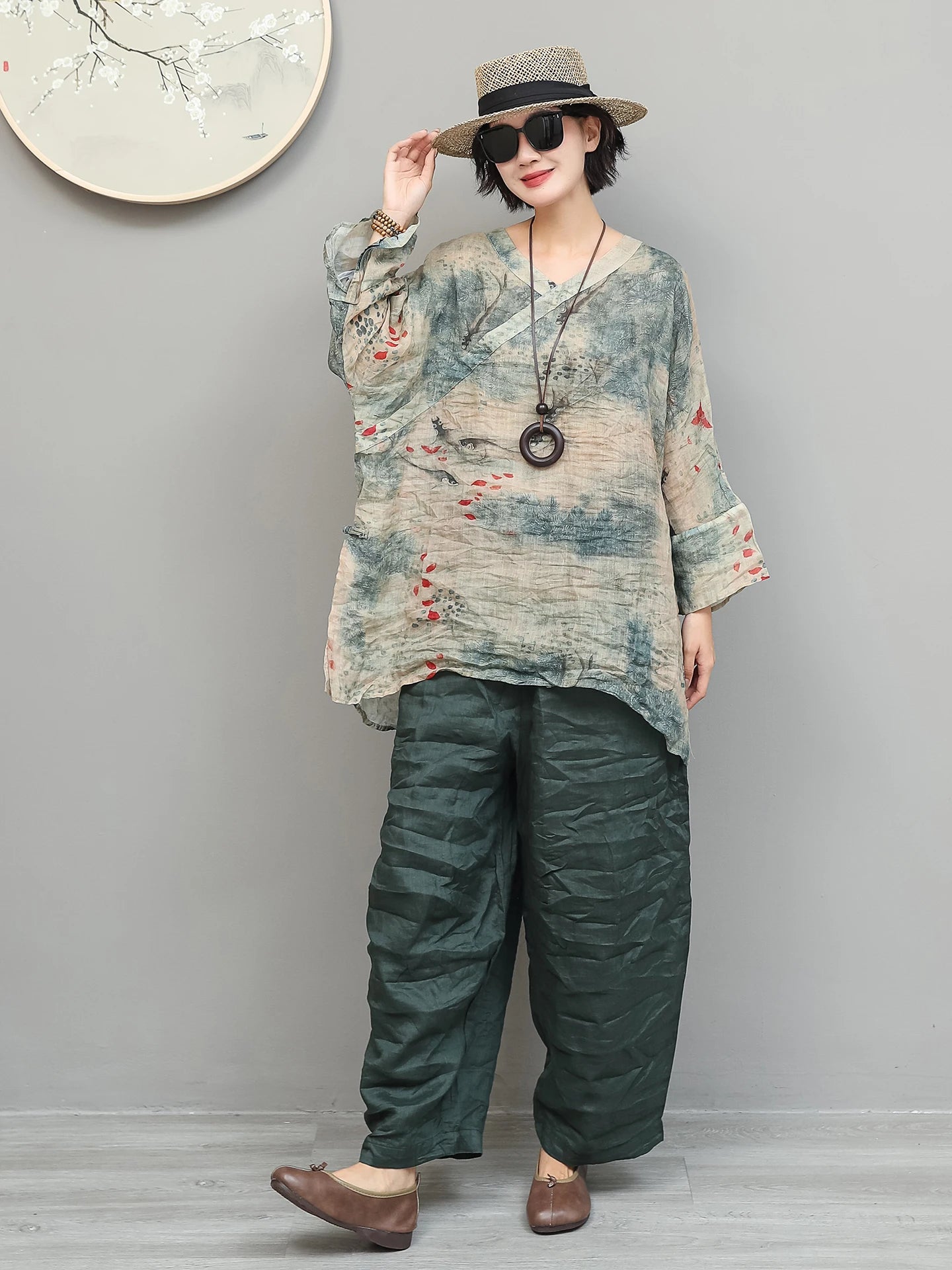 Artistic Ramie Suit Women Summer Printed Lightweight V-neck Mid-length Top + Loose Pants Two-piece Set XY307