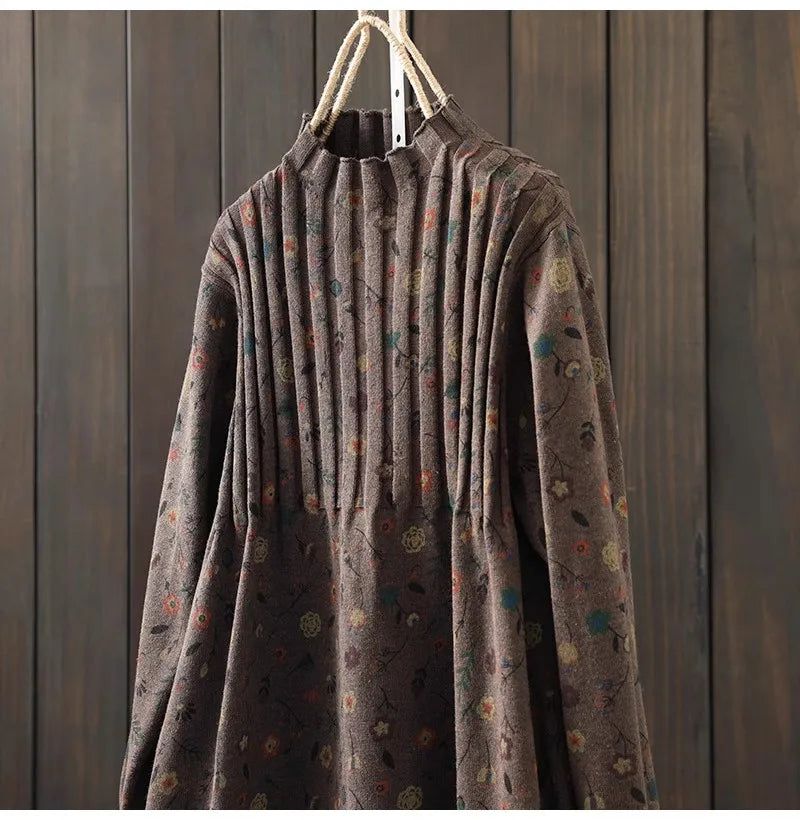 Retro Print Loose Knitted Dress Half High Collar Base Layer Skirt Autumn Winter Long Straight A-Line Dress for Women