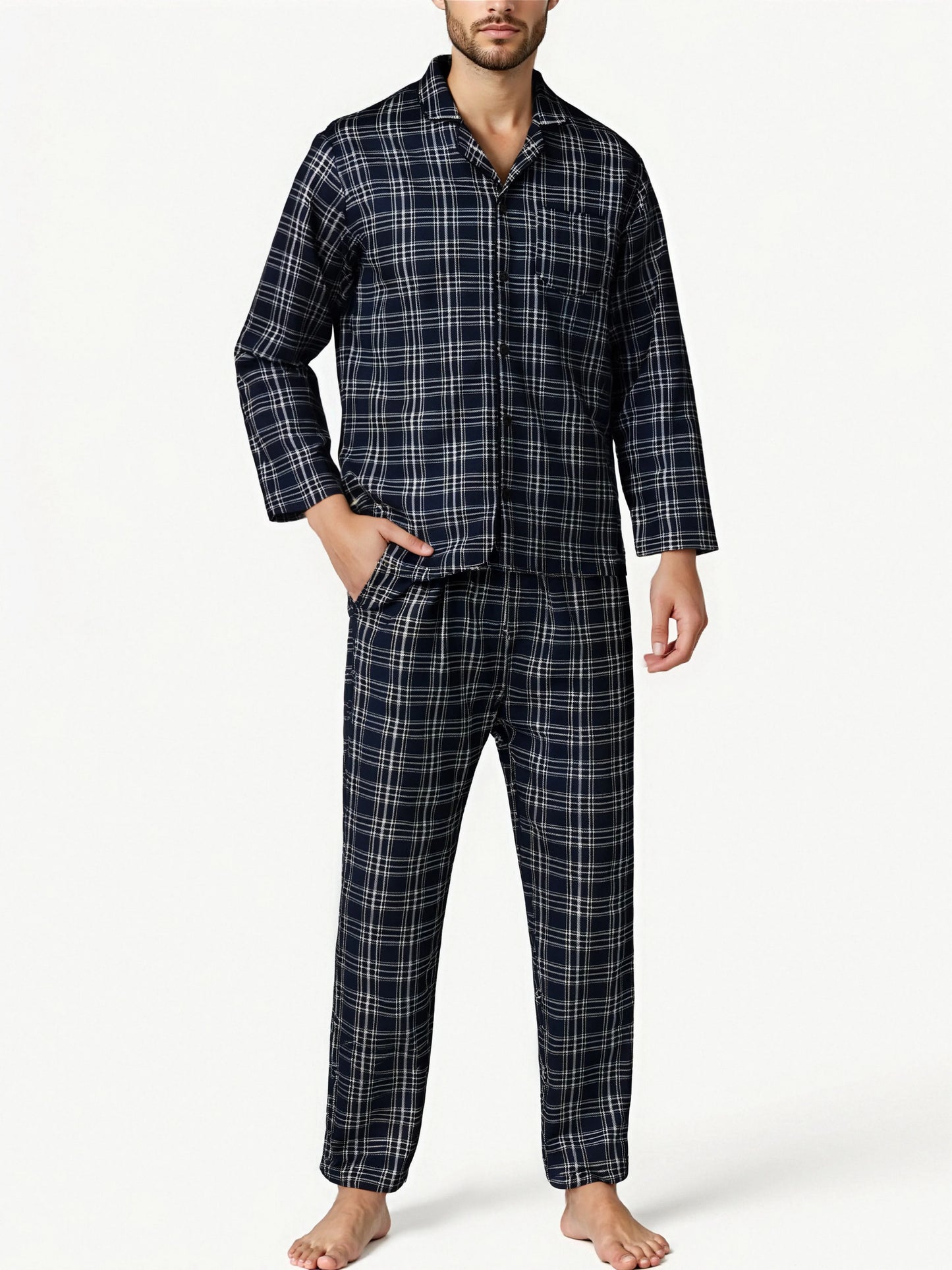 Mens Plaid Pajama Sets Sleep Pajamas for Men Pjs Set Soft Lounge Sleepwear Pj Bottoms with Pockets Pjs Shirts
