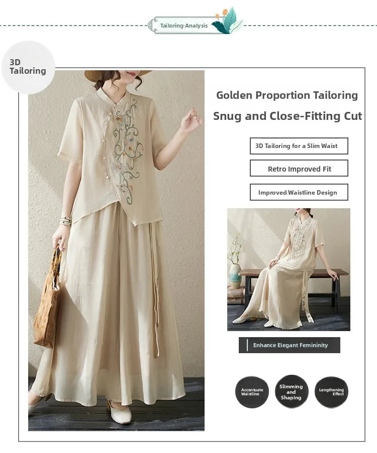 New National Style Heavy Embroidery  Set Women Summer Loose plus Size Fringed Wide Leg Pants Skirt Slimming Two Piece Set