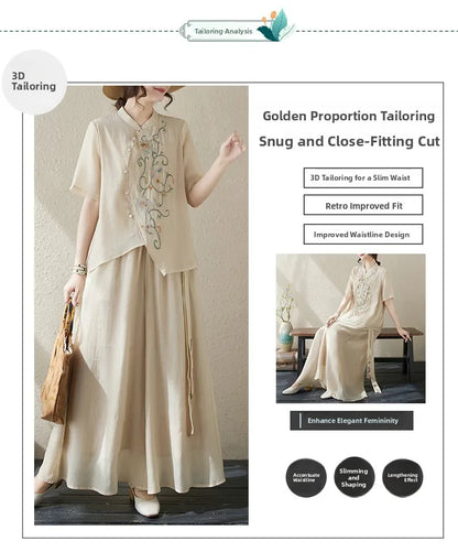 New National Style Heavy Embroidery  Set Women Summer Loose plus Size Fringed Wide Leg Pants Skirt Slimming Two Piece Set