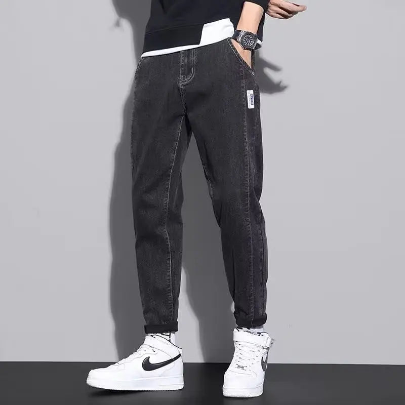 Men Autumn Winter Baggy Straight Leg Casual Jeans Trend Male High Waist Harem Pants Classic Simplicity Blue Black Gray Trousers