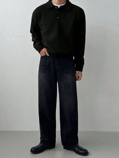 LVLAEA Solid Color Men Fall Winter Loungwear Shirt Long Sleeve Lapel Buttonup Collar Old Money Style Loose Warm Fashion Pullover