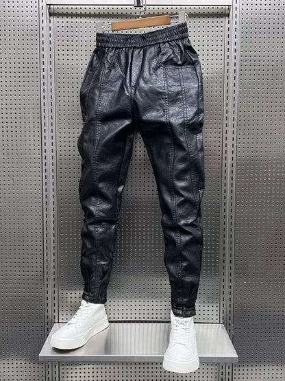 Men's Fleece Lined Windproof Biker Leather Pants Thickened Casual Loose Fit Long Trousers Autumn Winter Fashion Trendy