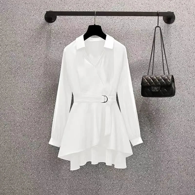 Slimming Effect Long Sleeve Women's Shirt Waist Cinching Fashionable plus Size Summer Shirt Polyester Material Casual Style