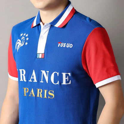 TS Men's Classic Polo Shirt Summer Shirt Men's Short-sleeved Embroidery Blue Loose Letters Sports French Football Fans Europe