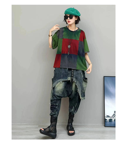 Color-blocked Suit Women Short-sleeve T-shirt + Loose Faux Two-piece Denim Drop-crotch Pants Two Piece Set Summer XY311