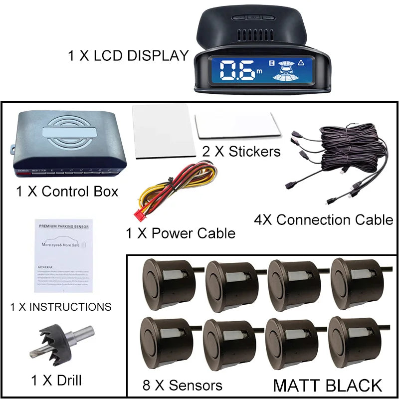 LCD Monitor 4 Sensor Radar Detection System 12 Color Backlight Display 12V Parking Sensor Reverse Assist Kit