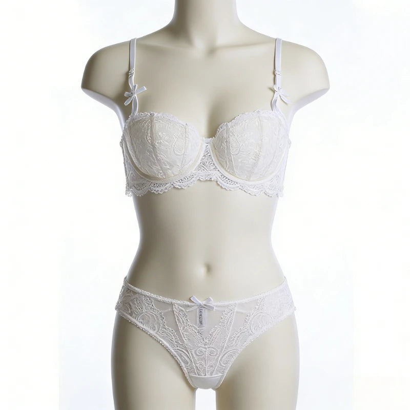 Women White Lace Demi Bra Minimizer Push Up for Small Bust Anti Sagging Lingerie Bra Set  BANERDANNI Panty Set S-XL 32-38-AB Cup