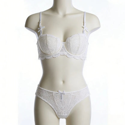 Women White Lace Demi Bra Minimizer Push Up for Small Bust Anti Sagging Lingerie Bra Set  BANERDANNI Panty Set S-XL 32-38-AB Cup