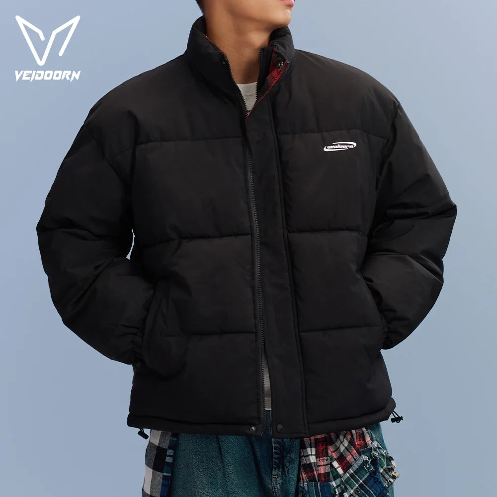 Veidoorn Unisex Short Parka Coat with Stand Collar Warm Thermal Puffer Jacket for Winter Puffy Outdoor Streetwear