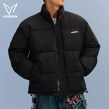 Veidoorn Unisex Short Parka Coat with Stand Collar Warm Thermal Puffer Jacket for Winter Puffy Outdoor Streetwear