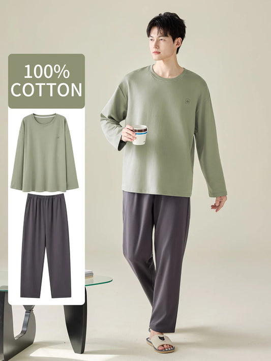 Men's 100% Cotton Long Sleeve Pajama Set, Spring Summer & All Season Plus Size Loungewear, Teen & Adult Pure Cotton Home Suit