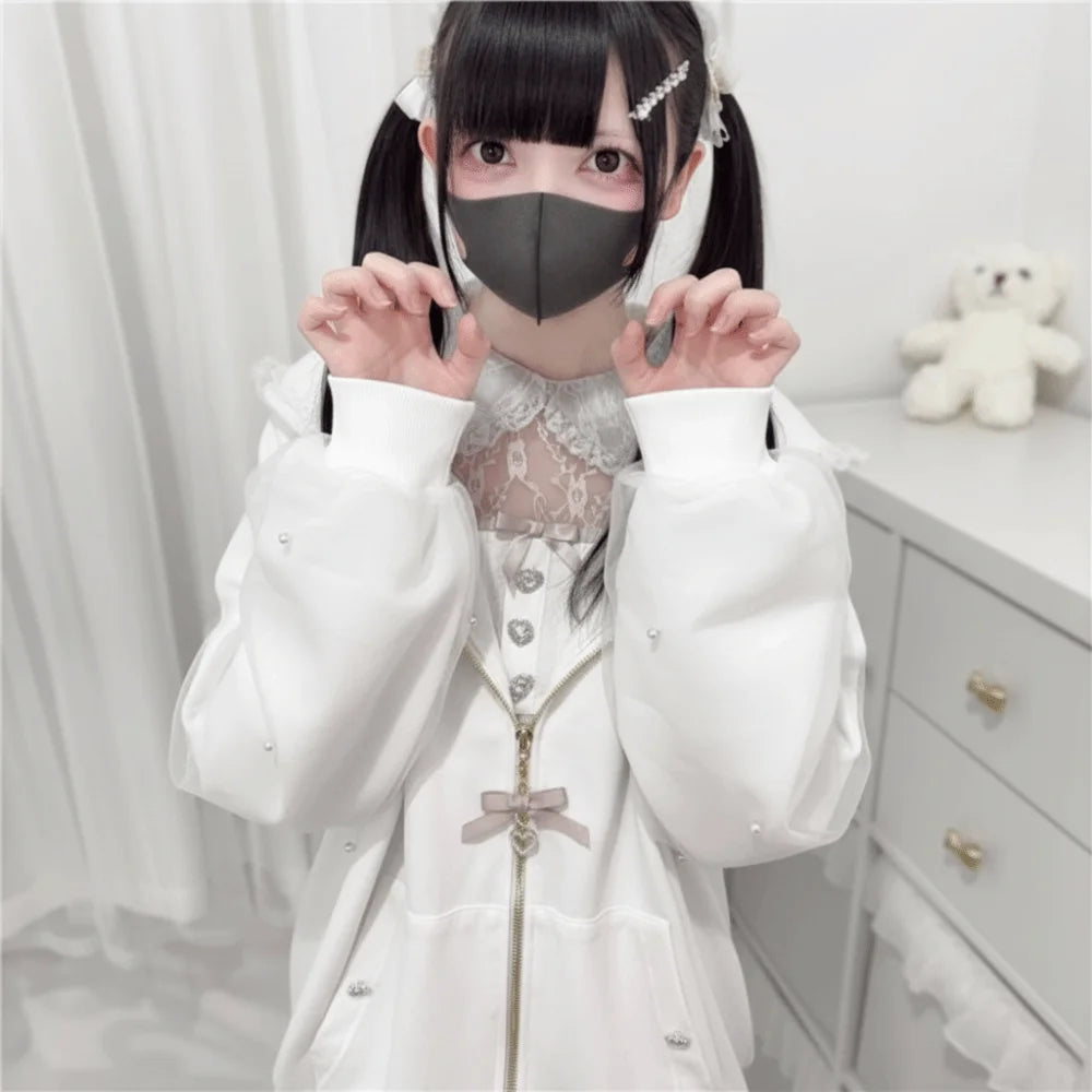 Long Sleeve Strapped Rabbit Ear Hoodie Thick Warm Lolita JK Cardigans Women Y2K Ladies Top Winter Autumn Lace Bow Coats Female