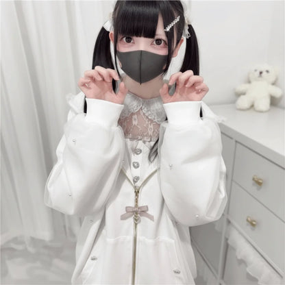 Long Sleeve Strapped Rabbit Ear Hoodie Thick Warm Lolita JK Cardigans Women Y2K Ladies Top Winter Autumn Lace Bow Coats Female
