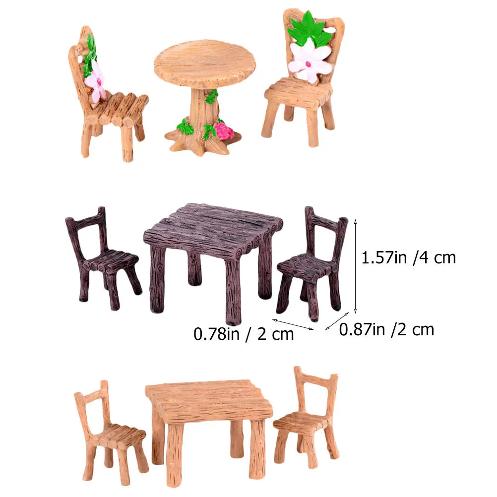 5Sets Miniature Resin Chair Table Set Classic Fairy Garden Furniture Desktop Decoration Home Decor for Living Room Bedroom